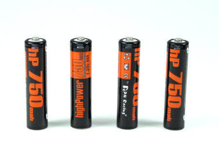 Four highpower batteries with orange and black design on a white background